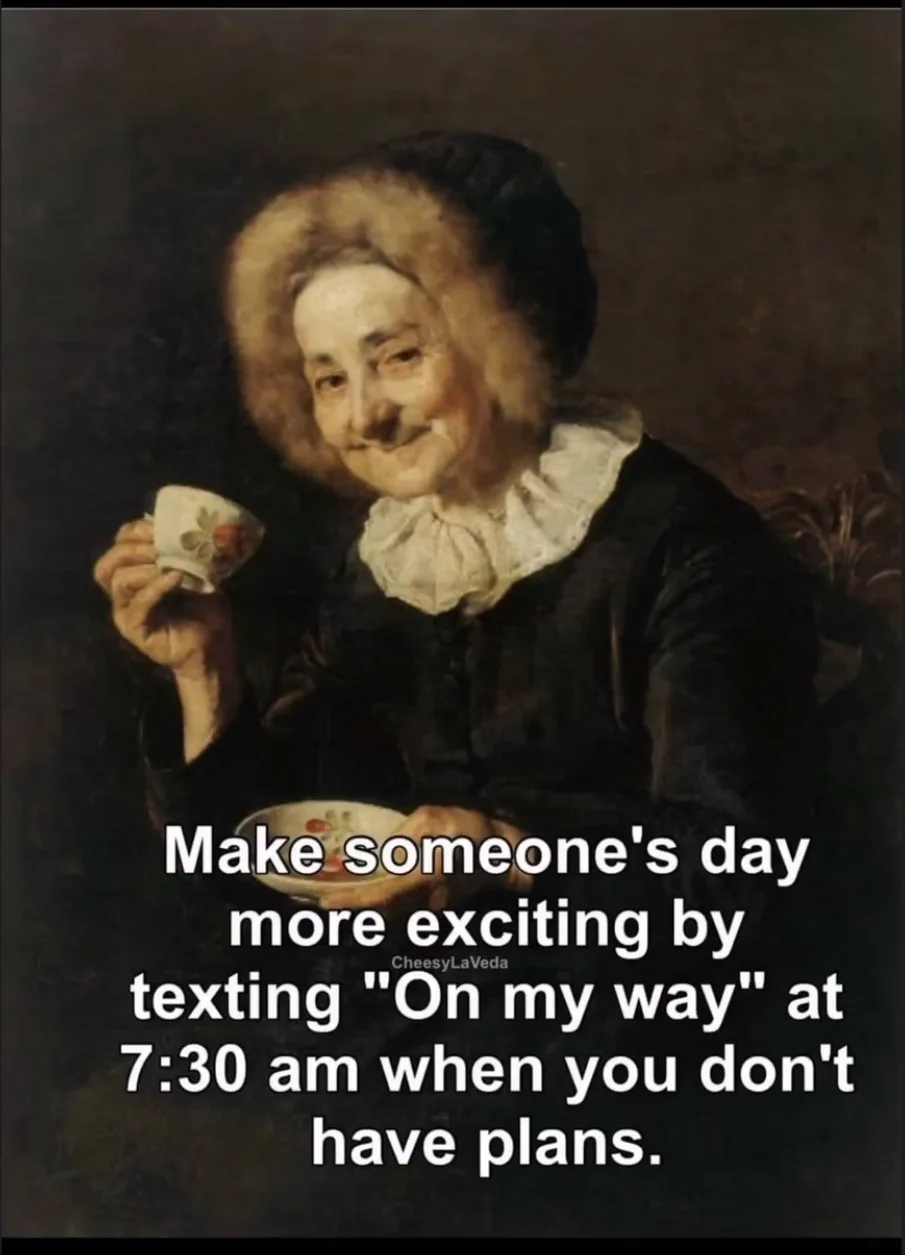 A classical painting of an elderly woman with a fur-trimmed hat, holding a teacup and saucer, smiling mischievously…