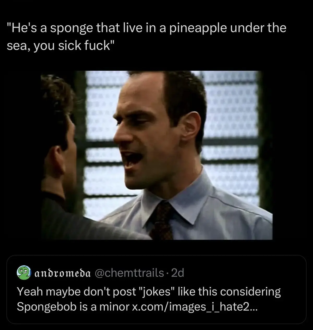 A man in a light blue shirt and tie is yelling angrily at another person whose back is to the camera. The overlaid text at…