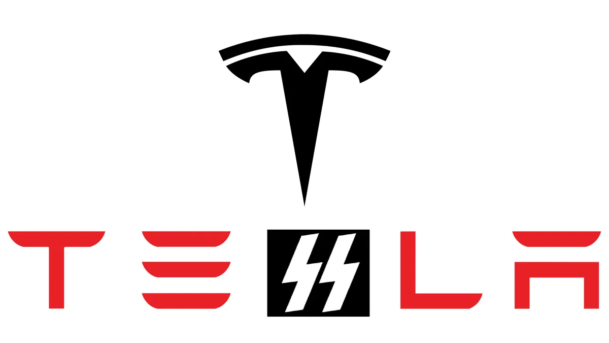 The image displays the Tesla logo, featuring a black stylized 'T' above the word 'TESLA' in red letters. The letter 'E' in…
