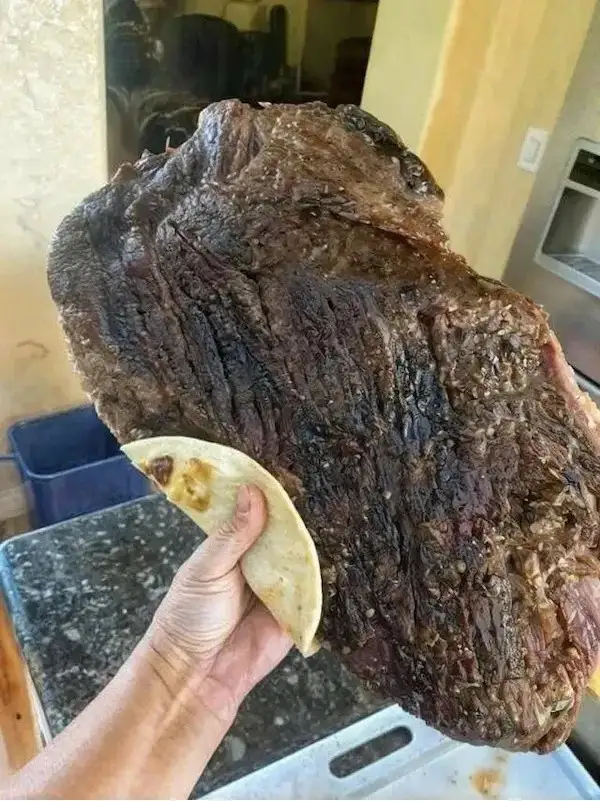 a person holds a small, plain tortilla shell in their hand, using it to contrast the massive, heavily seasoned, and charred…
