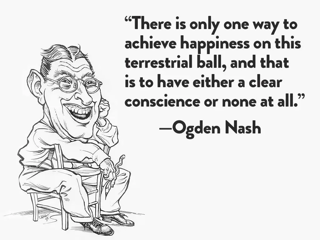 A black-and-white line drawing shows a caricatured man with large ears, round glasses, and a wide grin, sitting on a wooden…