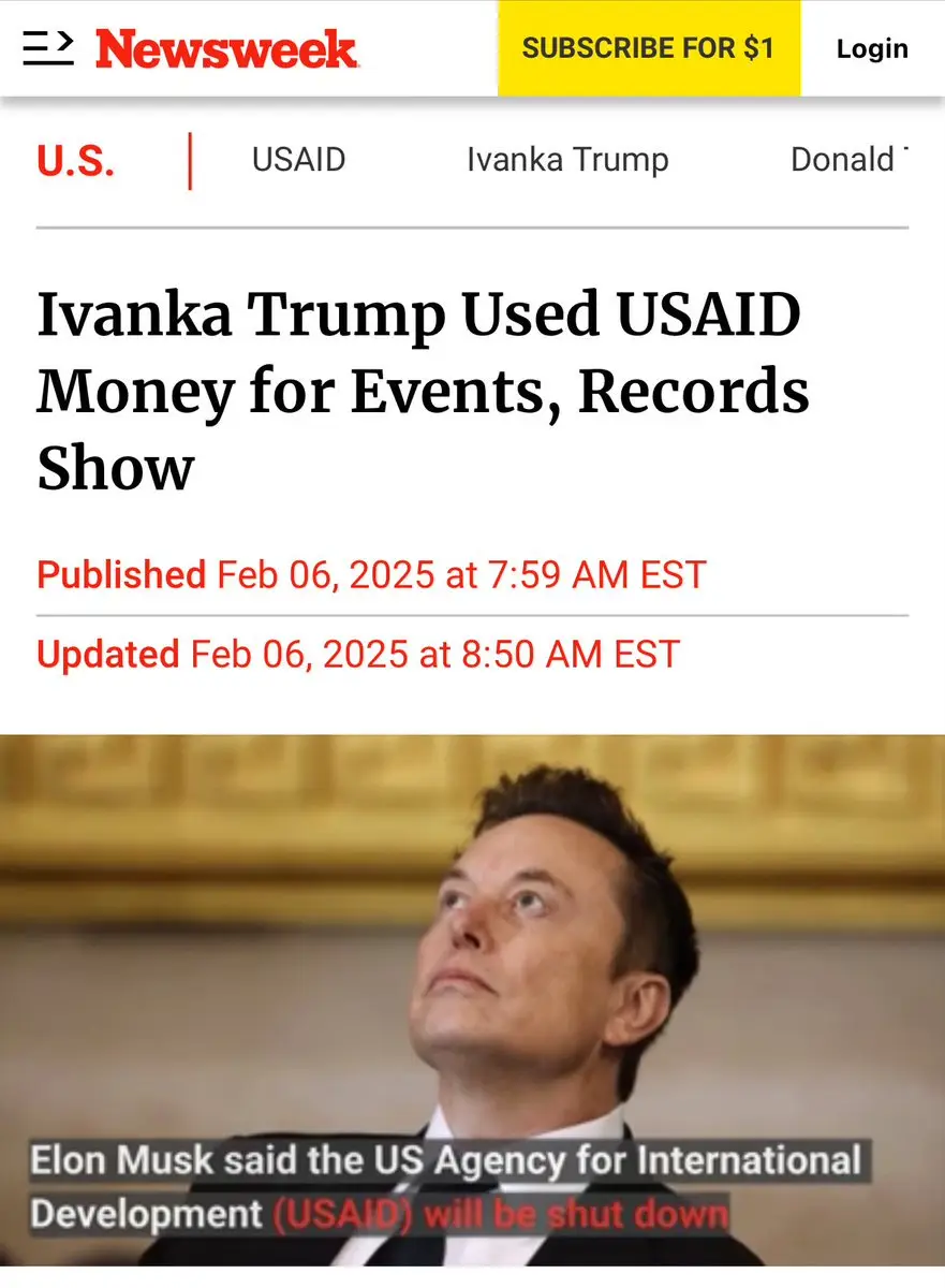 A screenshot of a Newsweek article headline about Ivanka Trump using USAID money, overlaid with a photo of Elon Musk looking…