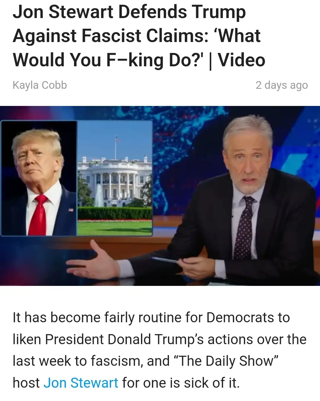 A screenshot of a news article header showing Jon Stewart on 'The Daily Show' gesturing while speaking, with a split screen…