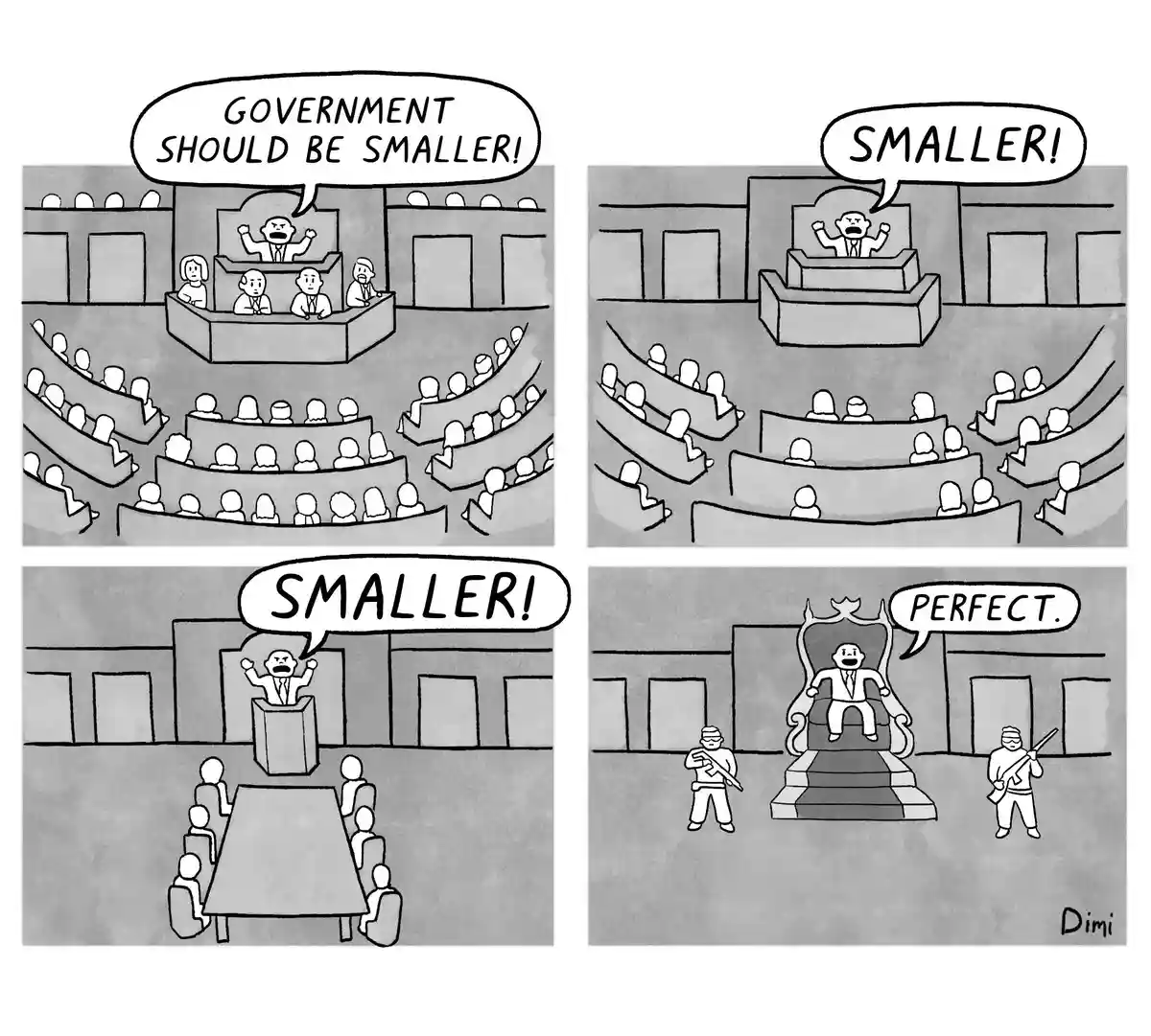 A four-panel black-and-white comic strip shows a man shouting 'GOVERNMENT SHOULD BE SMALLER!' in a large legislative…