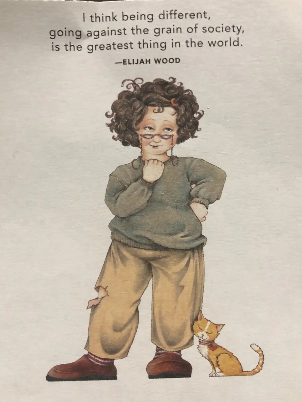 An illustration of a child with curly hair and glasses, wearing a sweater and ripped pants, standing with one hand on their…