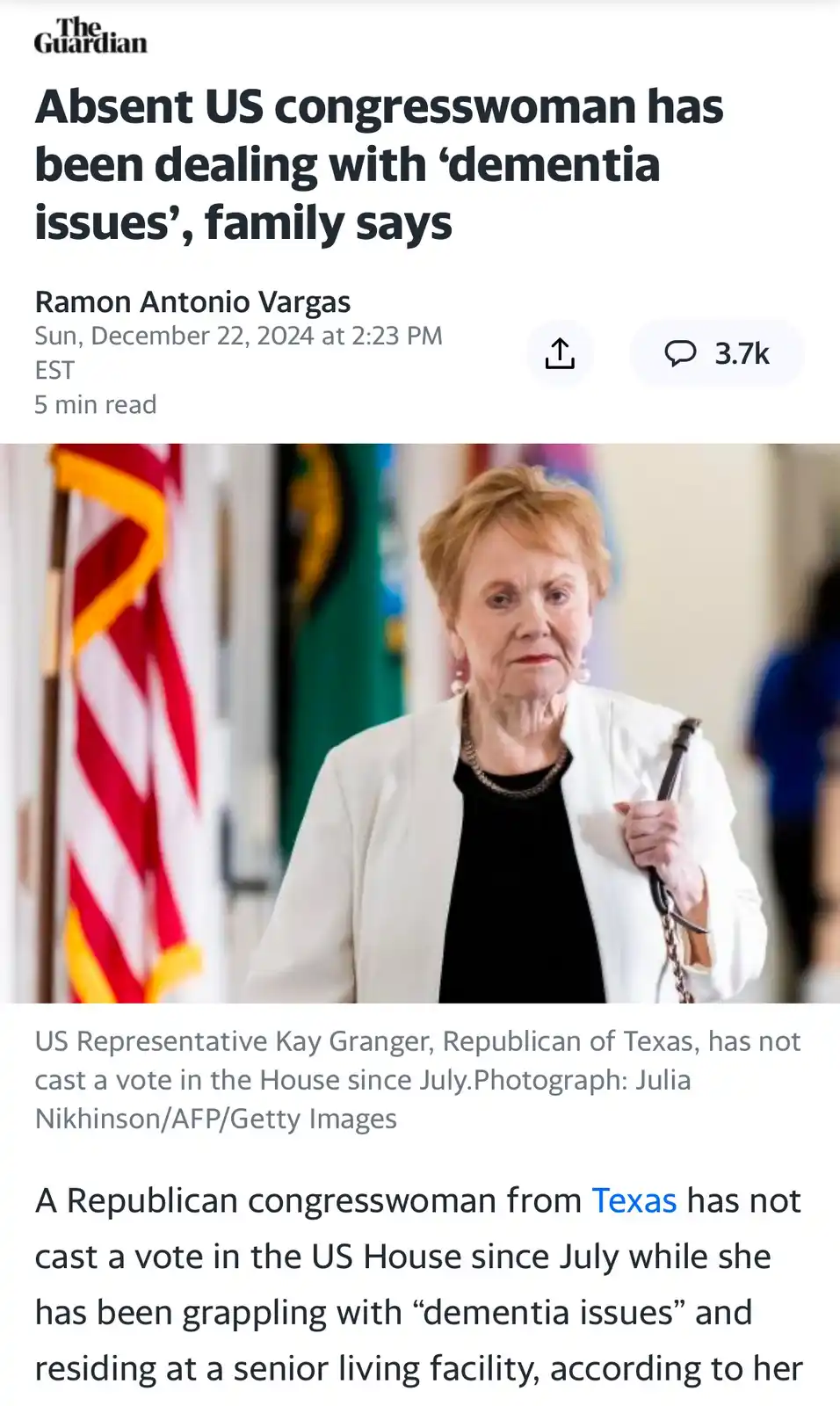 A screenshot of a The Guardian news article about US Representative Kay Granger, showing her in a white blazer holding a…