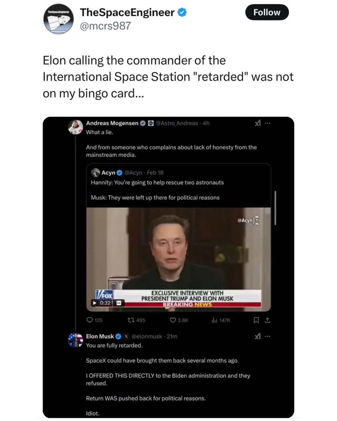 A screenshot of a Twitter thread shows Elon Musk's tweet calling the ISS commander 'fully retarded' after a Fox News…
