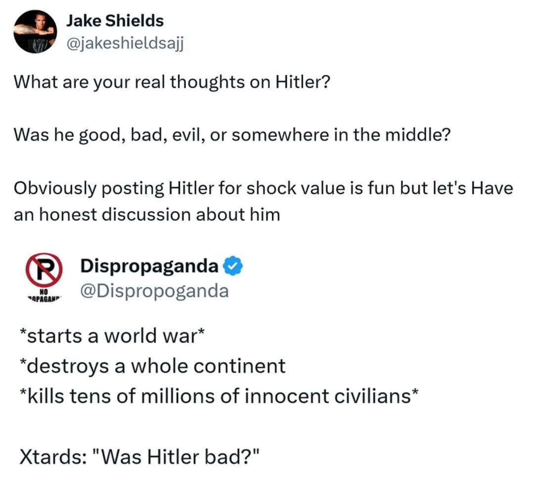 A screenshot of a Twitter thread where user Jake Shields asks for honest opinions on Hitler, prompting a reply from…