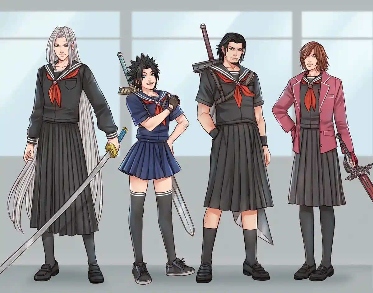 Four anime-style male characters are depicted standing side-by-side in a school hallway, each wearing a modified sailor…
