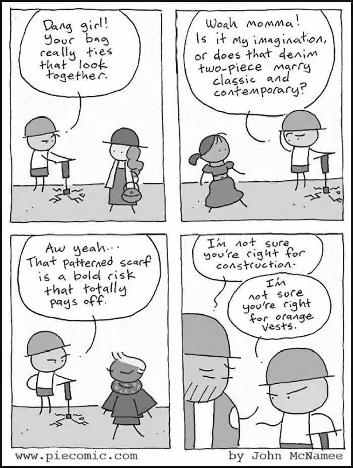 A four-panel comic strip shows a construction worker complimenting a woman's fashion choices, praising her bag, denim…