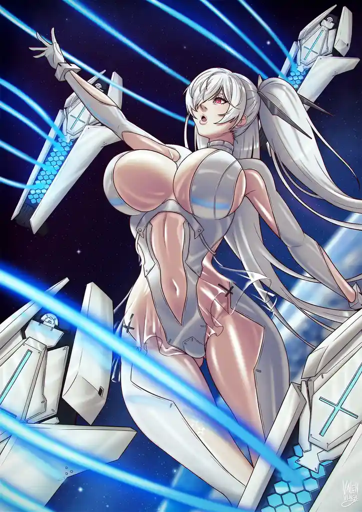 An anime-style illustration depicts a white-haired female character with red eyes in a revealing silver outfit, surrounded…