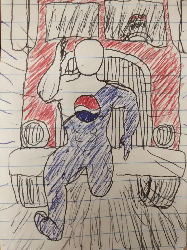 A child's drawing on lined paper shows a blue, muscular figure with a Pepsi logo for a head, sitting in a chair with a red…