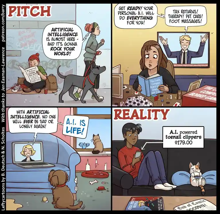 A four-panel comic strip titled 'PITCH' contrasts optimistic AI marketing with mundane reality. The first panel shows a…