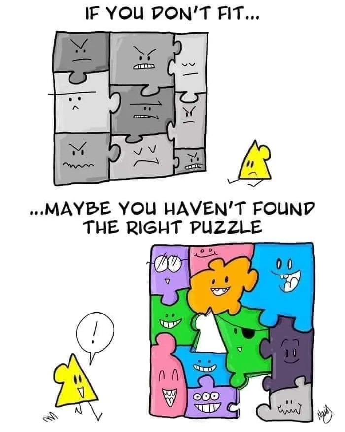 The image shows two panels. The top panel has a yellow triangle character looking at a grey puzzle with angry faces, with…