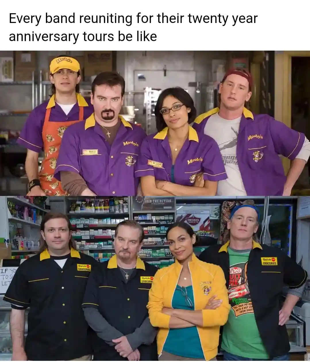 The image shows two photos of the same four people in different work uniforms. The top photo shows them in purple 'Mooby's'…