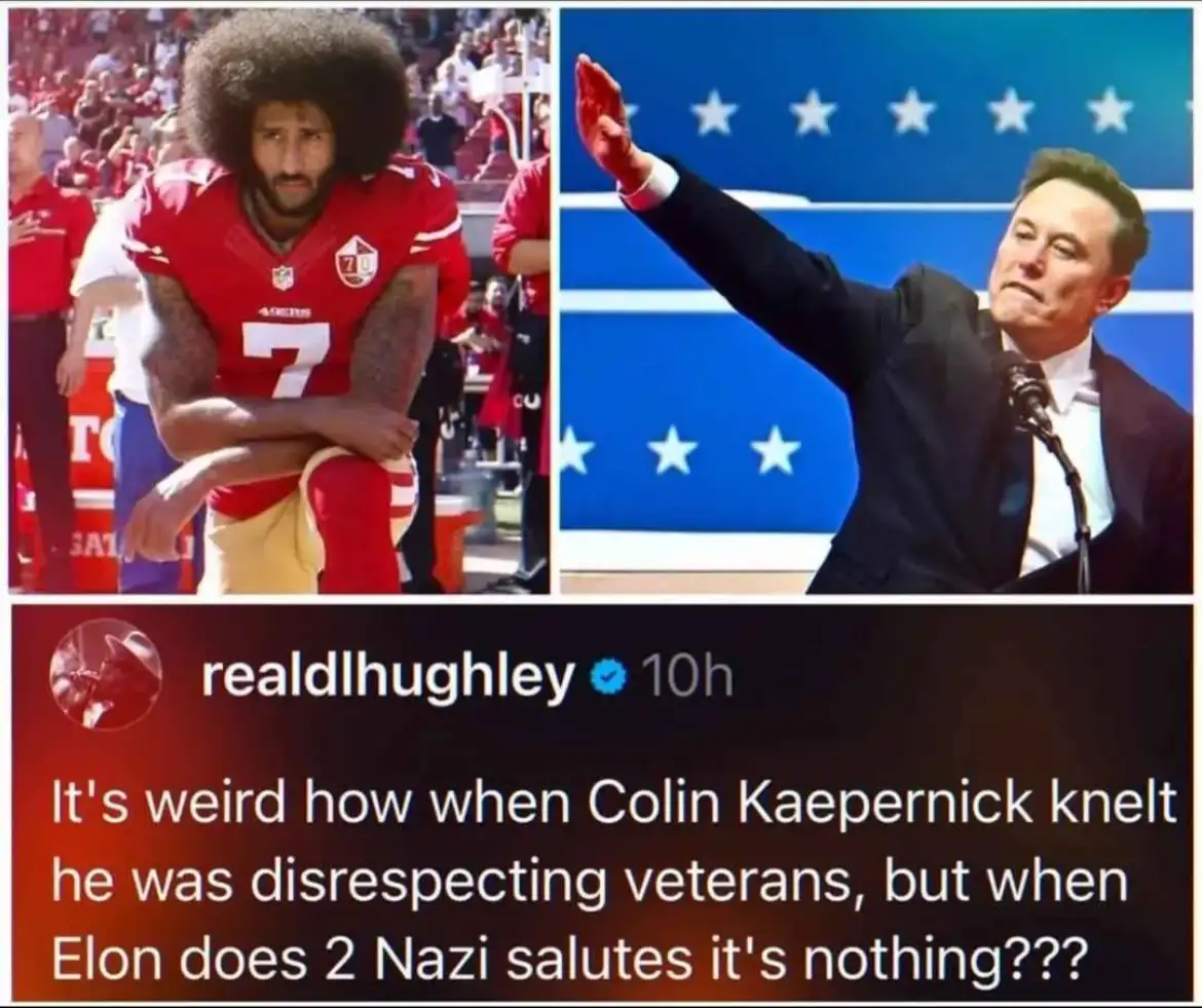 The image is a split-screen meme. On the left, Colin Kaepernick is shown kneeling in a red football jersey with the number…