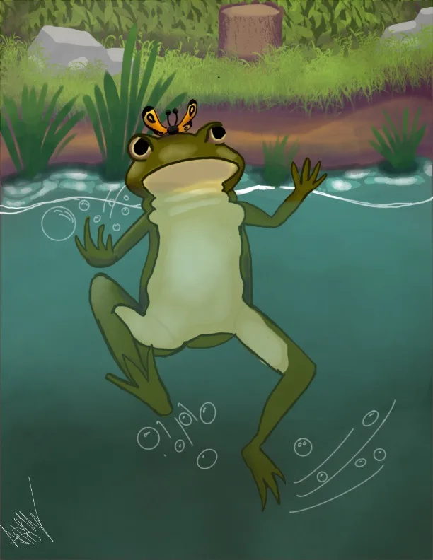 A cartoon frog is partially submerged in water, with bubbles rising around it, and a small butterfly perched on its head…