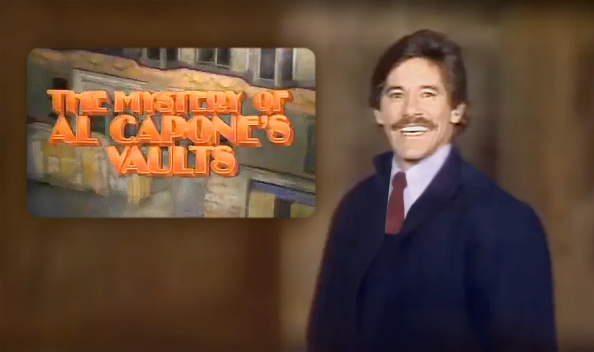 The image displays a split-screen: on the left, a vintage TV show title card reading 'THE MYSTERY OF AL CAPONE'S VAULTS' in…