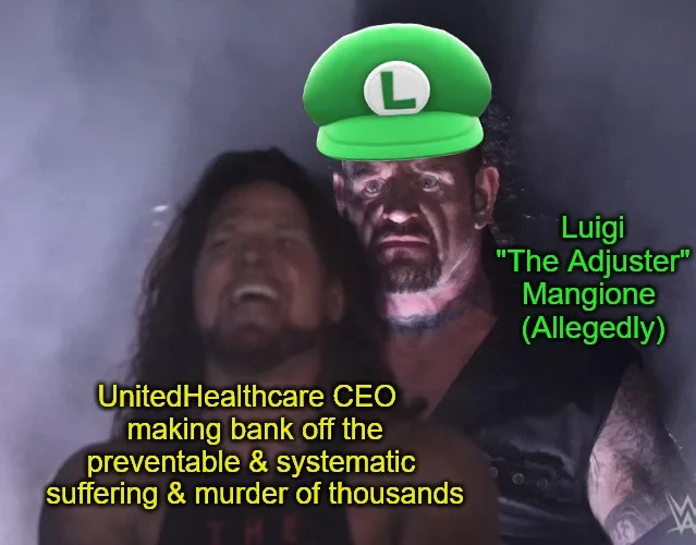 A man with long dark hair and a beard is shown with a green Luigi hat digitally placed on his head. The image has green text…