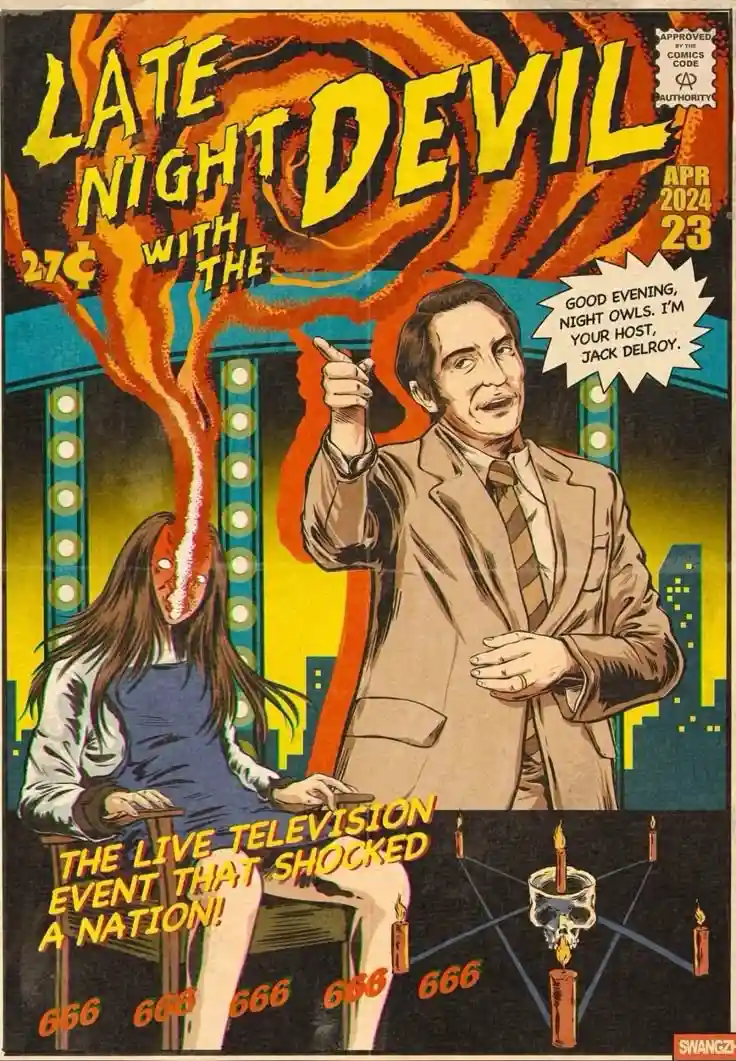 A comic book cover parody titled 'LATE NIGHT WITH THE DEVIL' shows a man in a suit pointing at the viewer while a woman with…