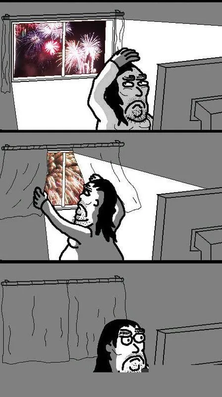 A three-panel comic shows a man reacting to fireworks: first, he's in bed with his hand on his head, looking annoyed as…