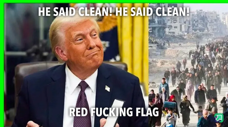 The image is split: left side shows Donald Trump with a smug expression holding a white object, overlaid with text 'HE SAID…