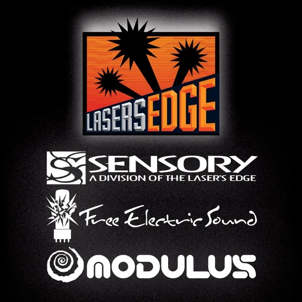 A black background displays four stacked logos: 'Lasers Edge' with stylized palm trees on an orange gradient, 'Sensory A…