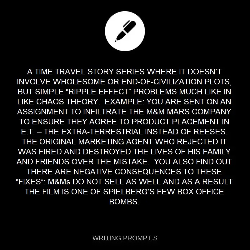 A black background image with white text describing a fictional time travel story about fixing a minor product placement…
