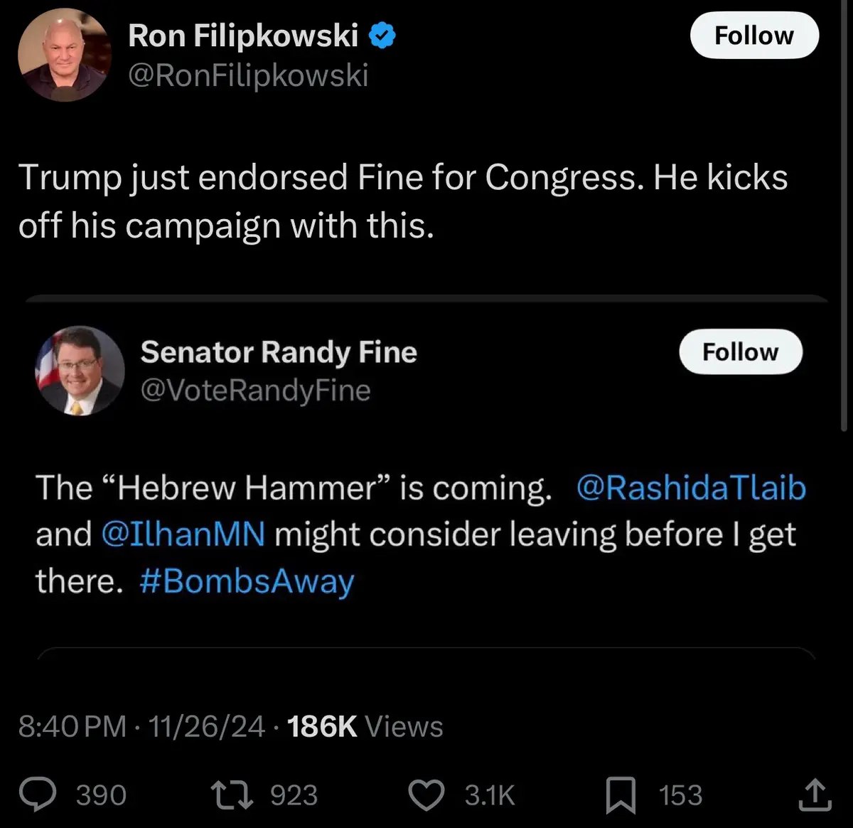 A screenshot of a Twitter thread shows Ron Filipkowski's tweet stating Trump endorsed Randy Fine for Congress, followed by…
