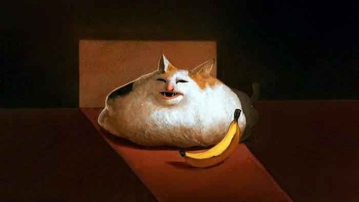 A painting-style image shows a very plump, white and orange cat with a wide, toothy grin, lying on a wooden surface next to…