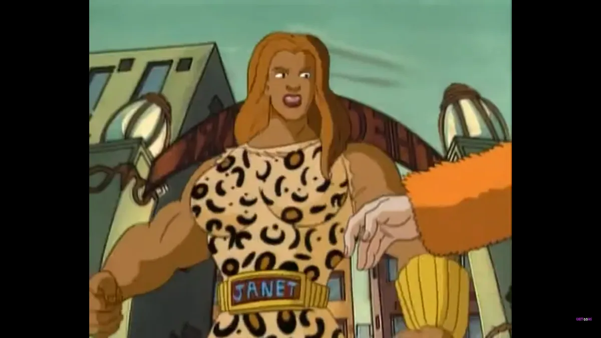 An animated female character with long brown hair, wearing a leopard-print top and a belt with the name 'JANET' on it, is…