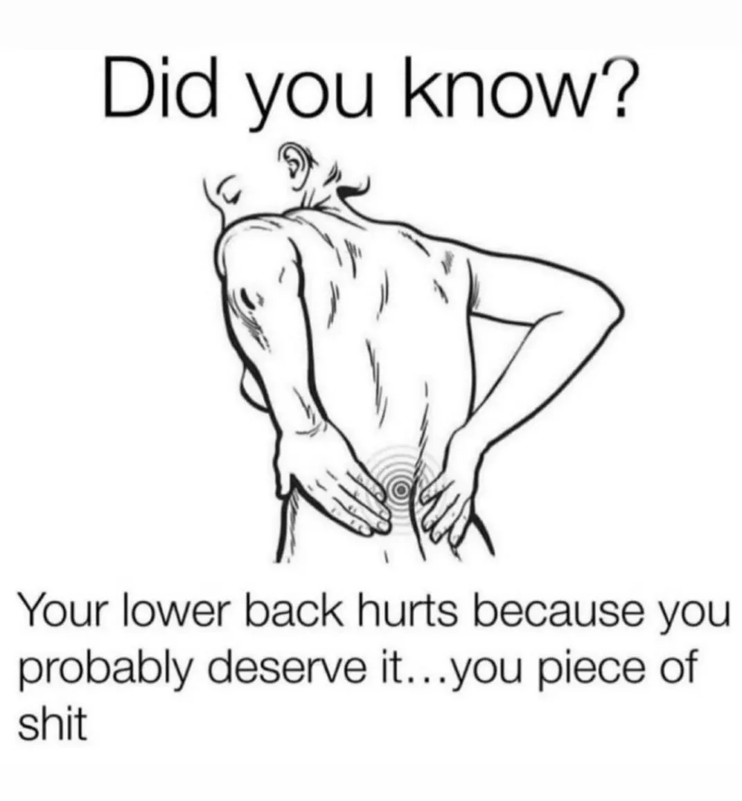 A black and white line drawing shows a person from behind, hunched over with both hands on their lower back, which has…