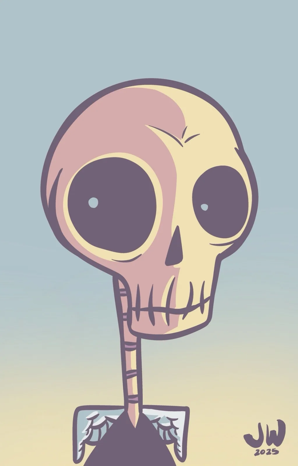 A cartoon skull with large, soulful eyes and a stitched mouth, wearing a black suit with angel wings, set against a gradient…