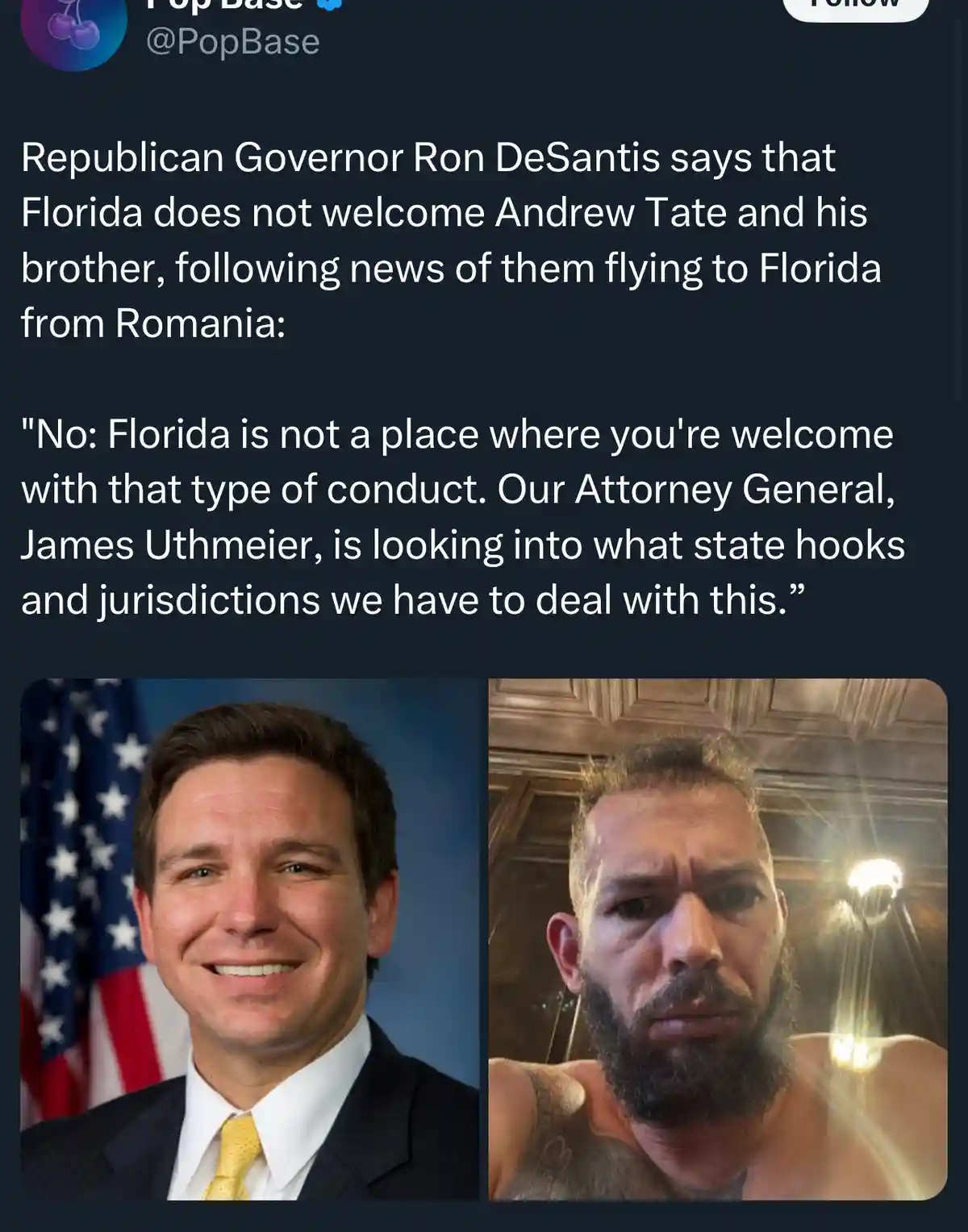 The image displays a side-by-side comparison of two men: on the left, Ron DeSantis in a formal suit with an American flag…