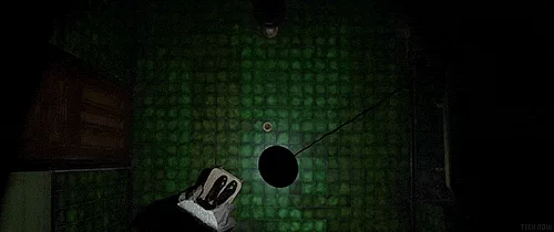 A dark, green-tiled bathroom scene with multiple bathtubs, each containing a person submerged in purple liquid. A gloved…