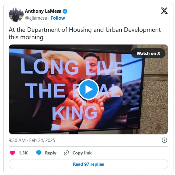 A screenshot of a tweet by Anthony LaMesa showing a TV screen displaying the text 'LONG LIVE THE REAL KING' over an image of…