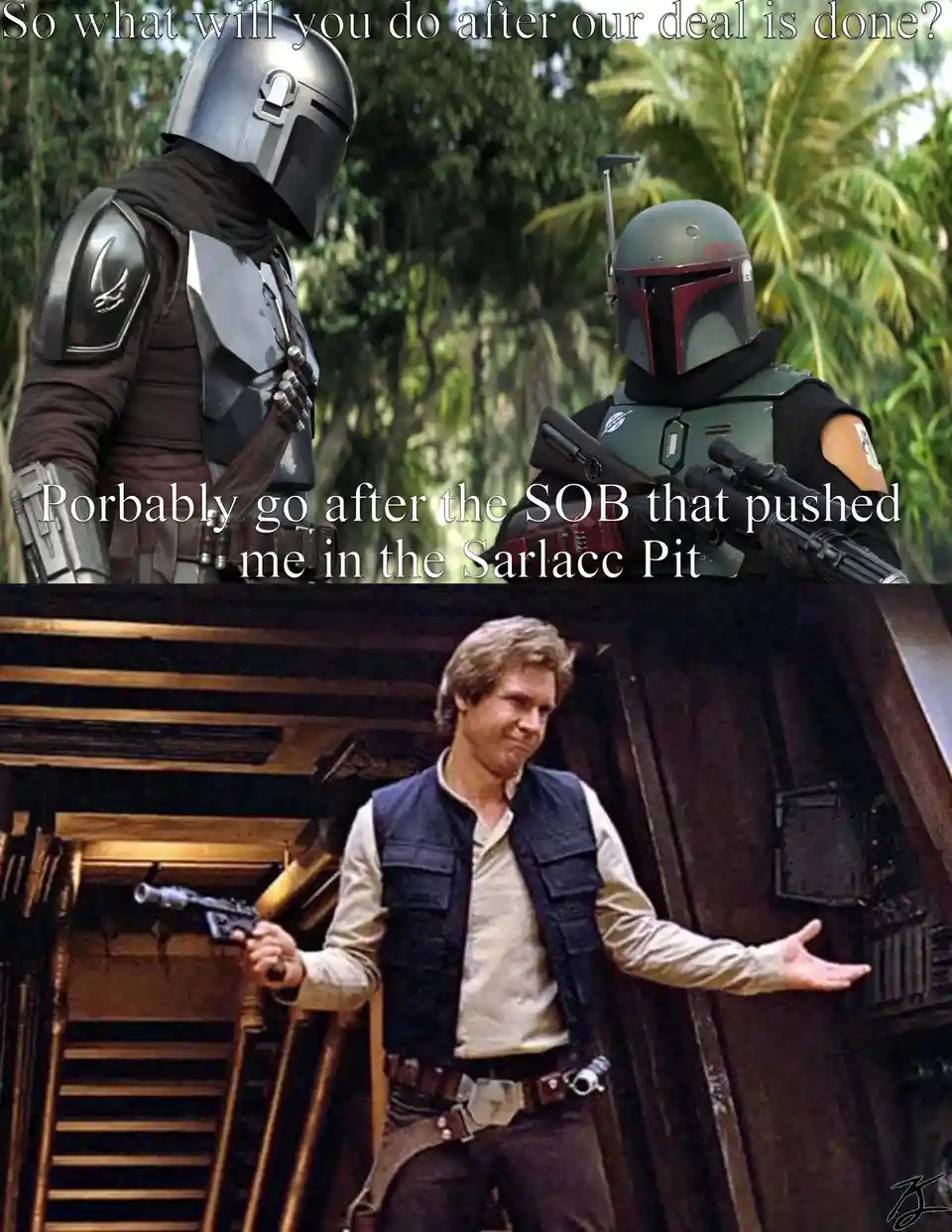 The top panel shows two armored figures, one in silver Mandalorian armor and the other in green Boba Fett armor, standing in…