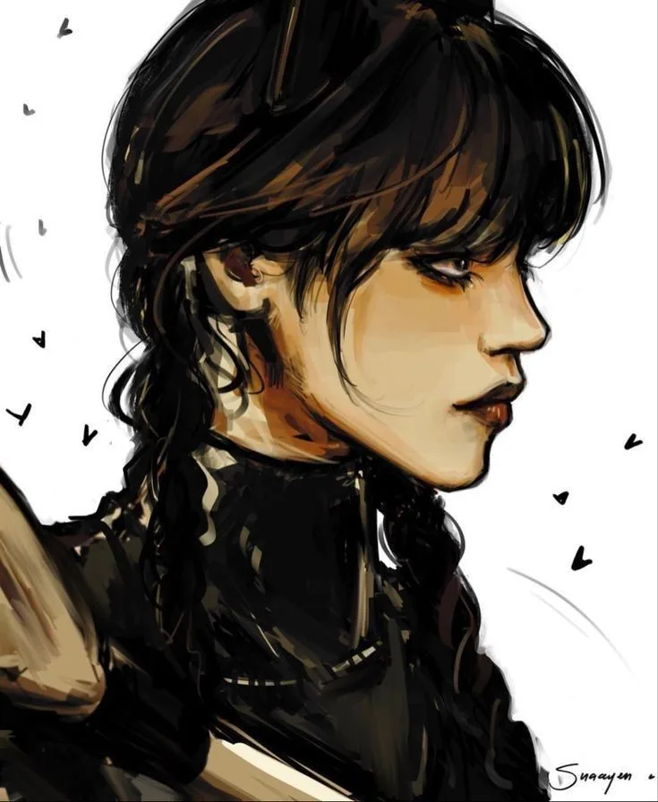 A digital illustration of a young woman with dark hair in a braid, shown in profile looking down with a somber expression…