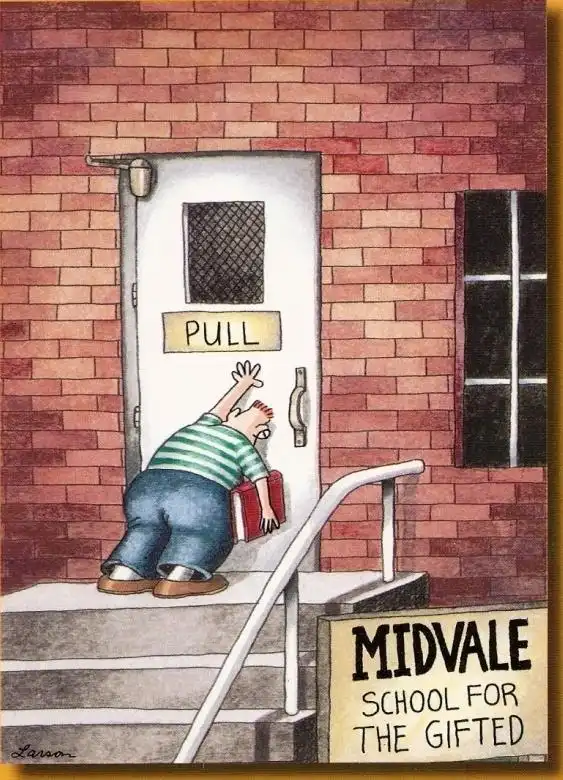 A cartoon boy in a striped shirt and jeans is on the steps of a brick building, reaching up to pull a door handle labeled…