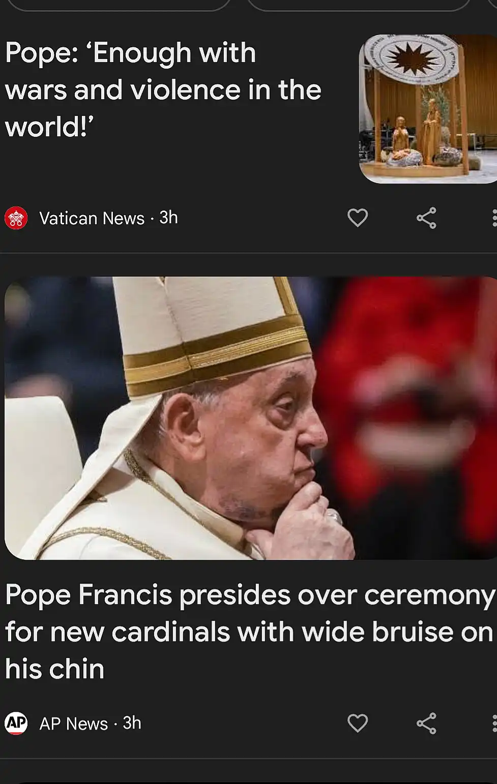 A screenshot of a news feed shows a photo of Pope Francis in profile, wearing his white papal attire and mitre, with his…