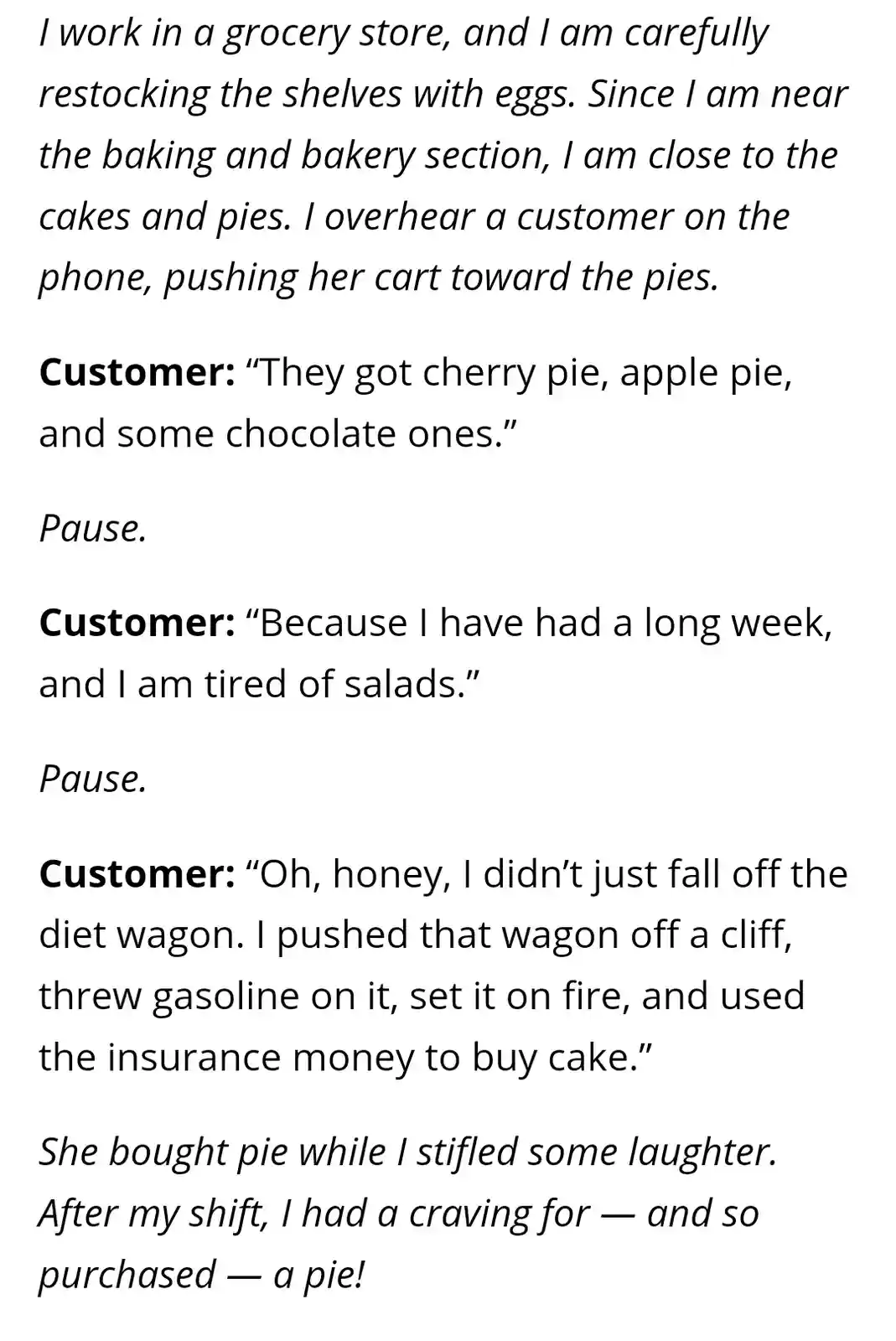 The image is a plain white background with black text telling a short story about a grocery store employee who overhears a…