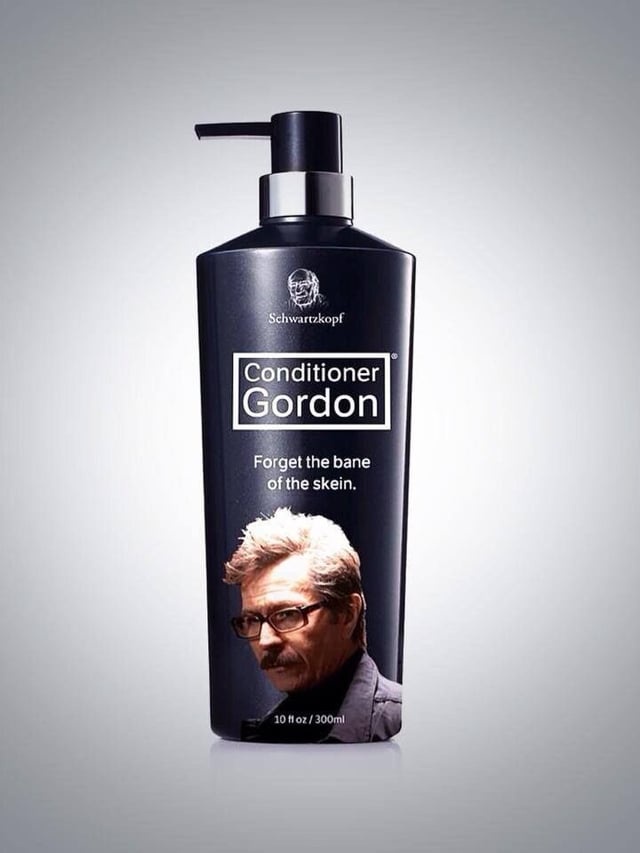 A black Schwarzkopf conditioner bottle features a photo of a man with glasses and a mustache, labeled 'Conditioner Gordon'…