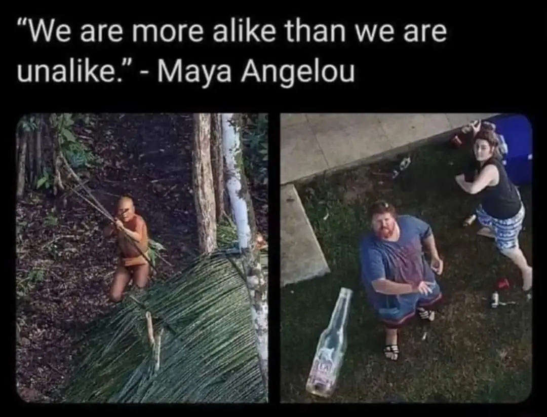 The image is split into two panels. Left: A person in a jungle setting, kneeling and holding a long stick or spear. Right: A…
