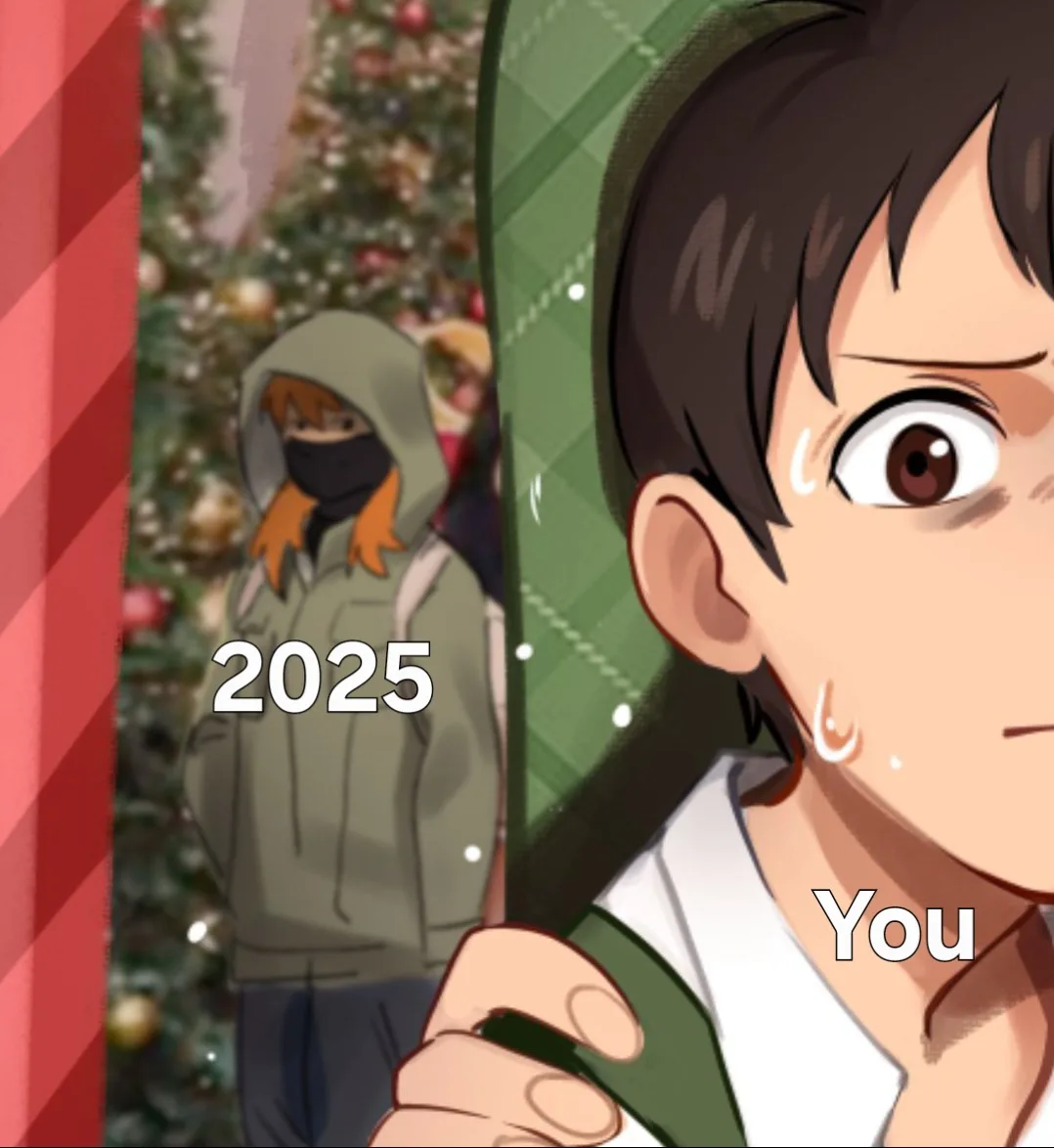 An anime-style image shows a person in the foreground labeled 'You' looking terrified with sweat drops, while in the…