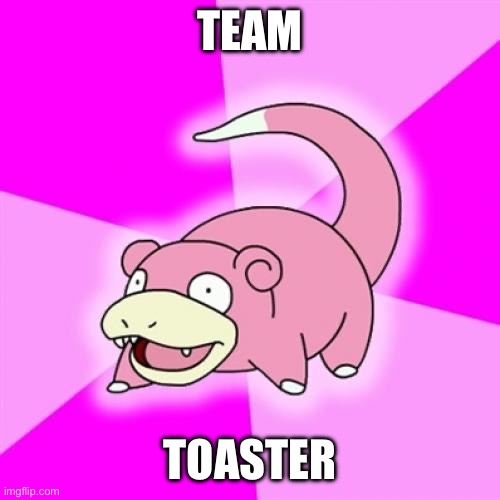 A pink, cartoonish Pokémon named Slowpoke is shown against a bright pink, radiating background. The text 'TEAM' is…