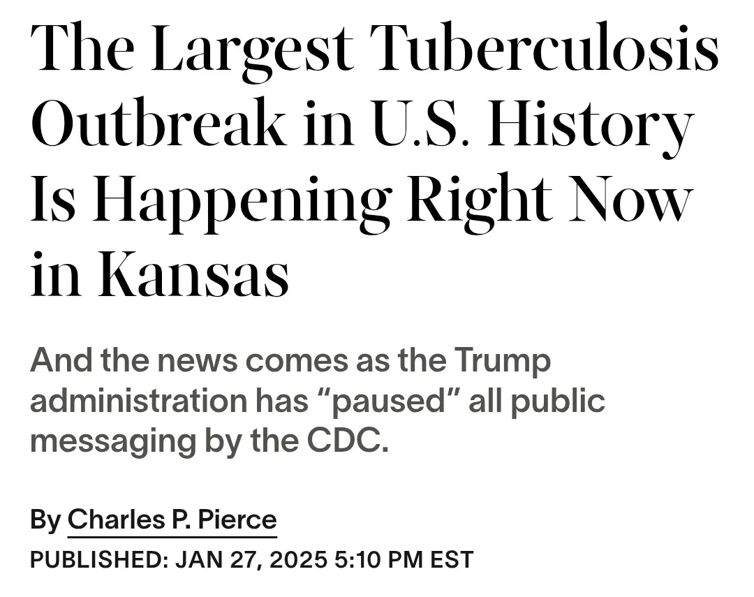 The image displays a newspaper-style article headline claiming 'The Largest Tuberculosis Outbreak in U.S. History Is…