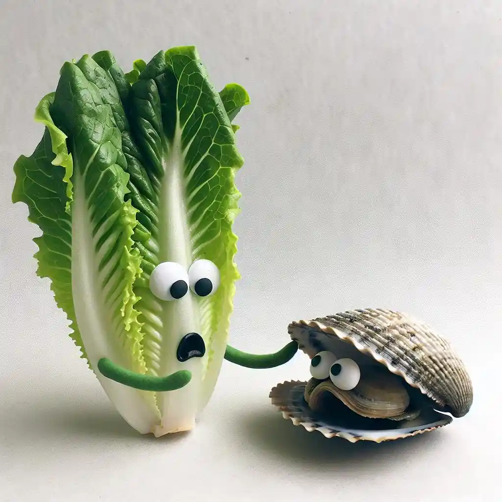 A romaine lettuce with googly eyes and a green arm is holding a clam shell that also has googly eyes. The lettuce has a…