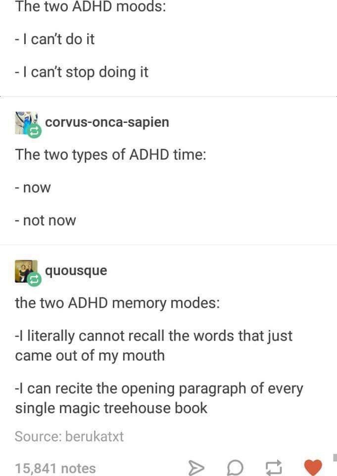 A screenshot of a Tumblr post showing three humorous lists about ADHD: 'moods' contrasting inability to start vs. inability…
