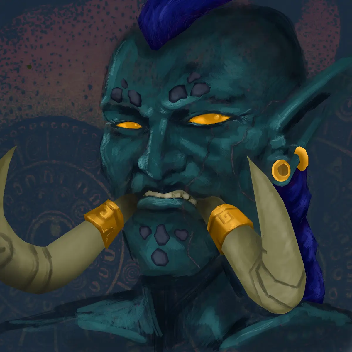 A teal-skinned, horned fantasy creature with glowing yellow eyes and dark markings smirks while holding a skull in its…