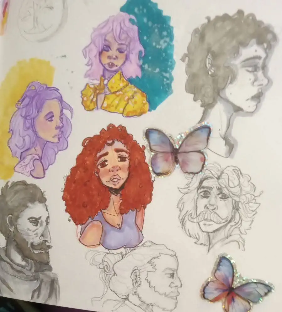 A sketchbook page displays multiple hand-drawn portraits of different people, including some in color and others in pencil…